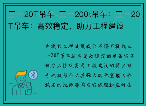 三一20T吊车-三一200t吊车：三一20T吊车：高效稳定，助力工程建设