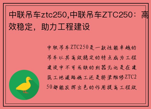 中联吊车ztc250,中联吊车ZTC250：高效稳定，助力工程建设