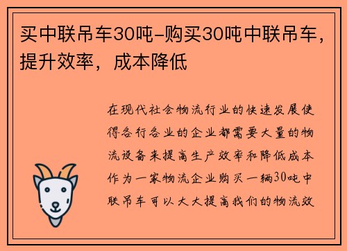 买中联吊车30吨-购买30吨中联吊车，提升效率，成本降低