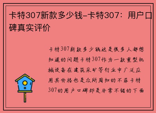 卡特307新款多少钱-卡特307：用户口碑真实评价