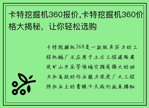 卡特挖掘机360报价,卡特挖掘机360价格大揭秘，让你轻松选购